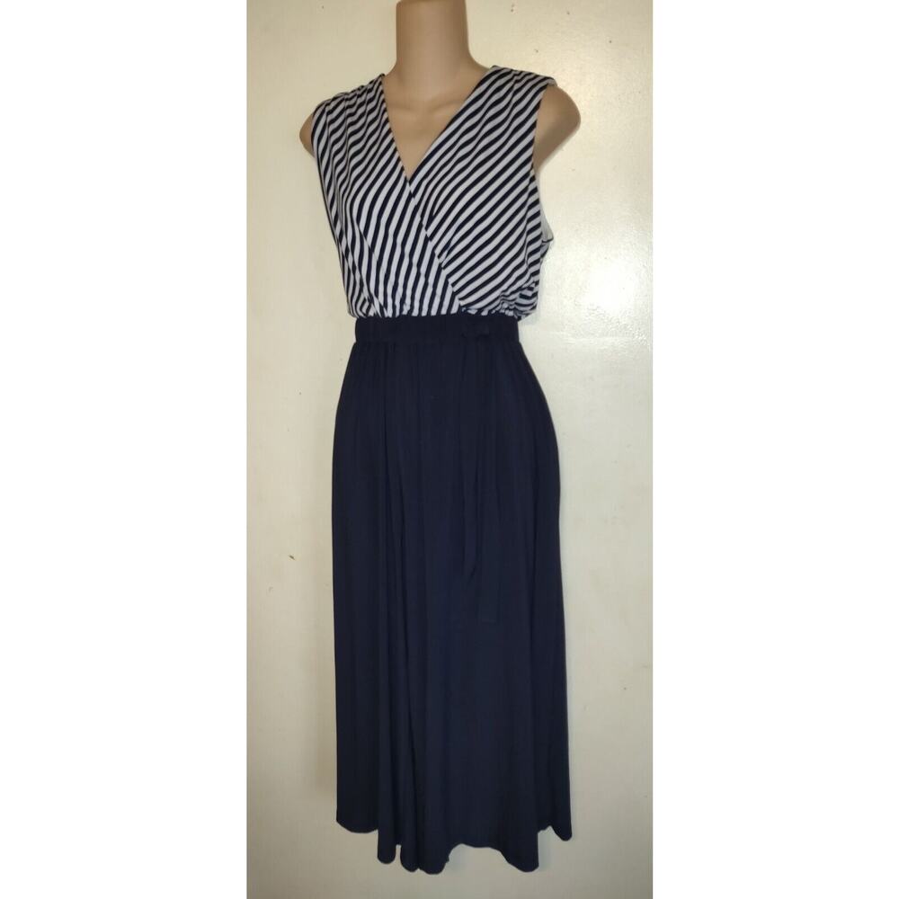 Navy Blue & White Jumpsuit SANDRA DARREN Nautical Keyhole Back M Medium NWOT